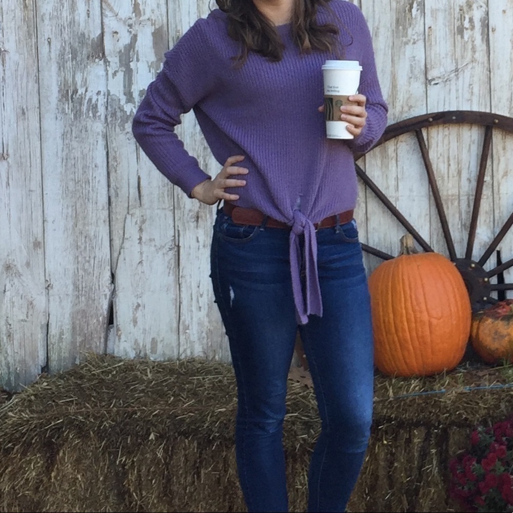 Purple cropped tie front sweater